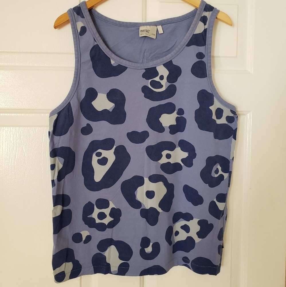 WESC Blue Cigas Catus Leopard Print Tank Top Sz L